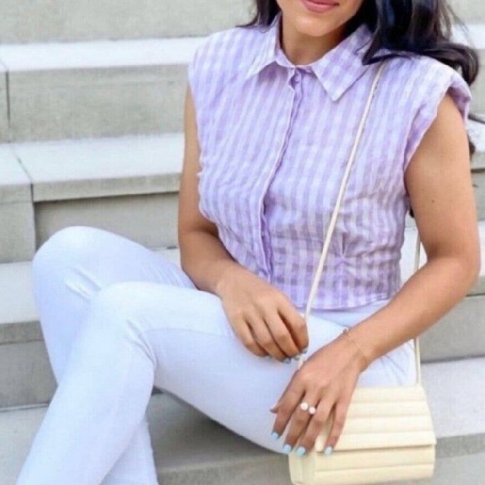 NWT ZARA Gingham Crop Top Button Down Shirt Sz Small Shoulder Pads